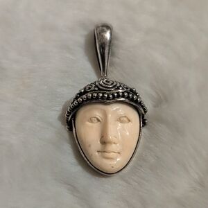 Vintage ~ Sterling Silver & Carved White Stone Inlay Goddess Pendant